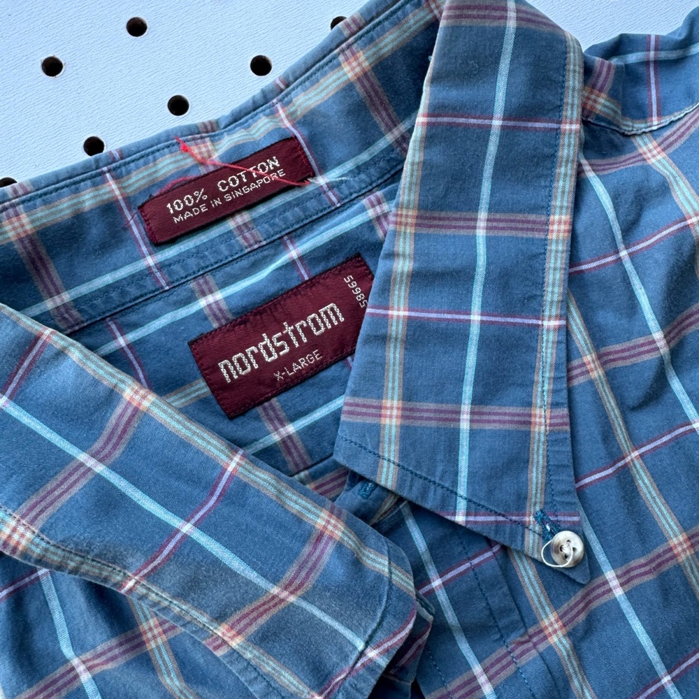 1980s Vintage Nordstrom Men's Blue Plaid Cotton Button-Up Shirt